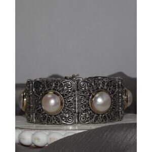 Konstantino 18k & 925 Wide Pearl Link Bracelet 90.1G / 7in / 2mm